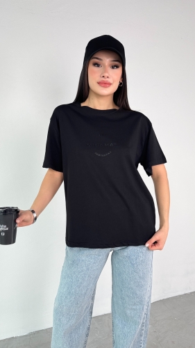 T-927 Siyah Mınamal Yazılı Enjeksiyon Baskı Bisiklet Yaka Tişört - 8