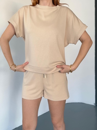 TKM-0021 Taş Rengi T Kol Model Bisiklet Yaka Tişört Bel Lastikli İp Bağlamalı Cepli Şort İkili Takım - 3