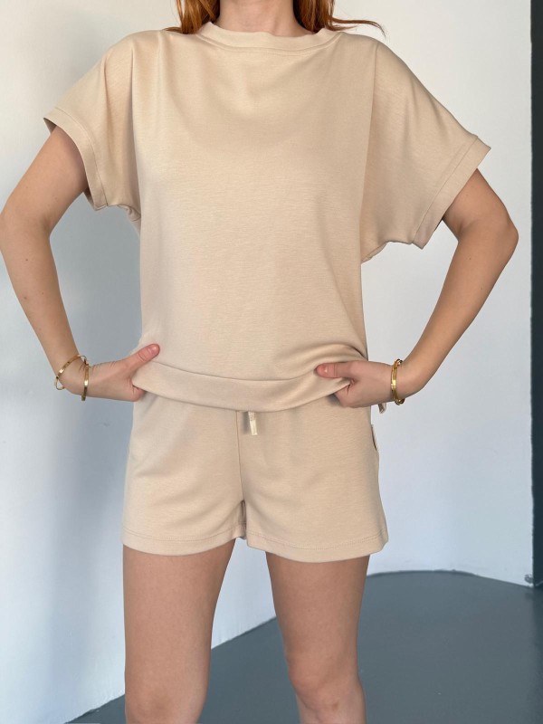 TKM-0021 Taş Rengi T Kol Model Bisiklet Yaka Tişört Bel Lastikli İp Bağlamalı Cepli Şort İkili Takım - 3