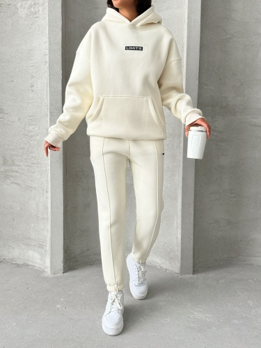 TKM-0022 Ekru Lımıts Kabartma Baskılı Salaş Kapüşonlu Sweatshirt Jogger Eşofman Üç İplik Şardonlu İkili Takım 