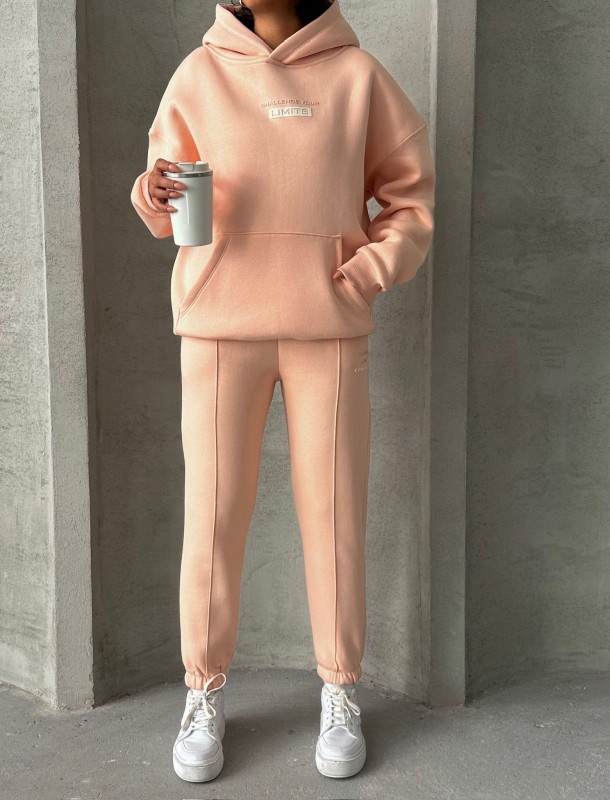 TKM-0022 Pudra Lımıts Kabartma Baskılı Salaş Kapüşonlu Sweatshirt Jogger Eşofman Üç İplik Şardonlu İkili Takım - 1