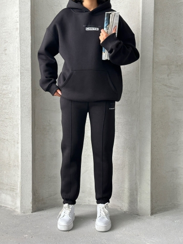 TKM-0022 Siyah Lımıts Kabartma Baskılı Salaş Kapüşonlu Sweatshirt Jogger Eşofman Üç İplik Şardonlu İkili Takım 