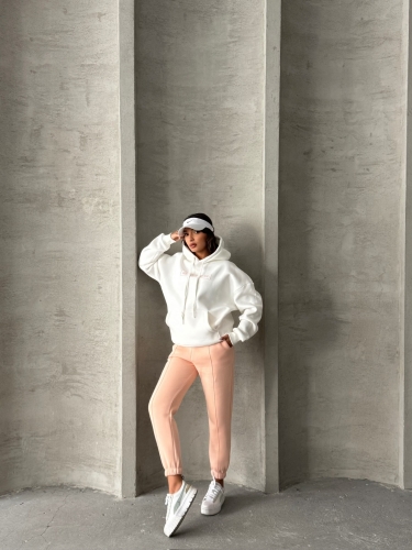 TKM-0034 Pudra Beyaz Never Give Up Yazı Baskılı Kapüşonlu Sweatshirt Jogger Üç İplik Şardonlu İkili Takım - Cappmoda