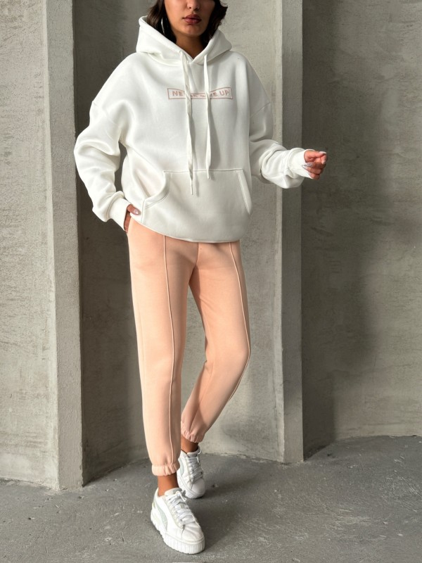 TKM-0034 Pudra Beyaz Never Give Up Yazı Baskılı Kapüşonlu Sweatshirt Jogger Üç İplik Şardonlu İkili Takım - 4