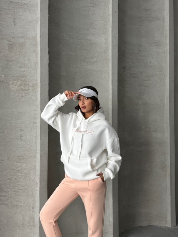 TKM-0034 Pudra Beyaz Never Give Up Yazı Baskılı Kapüşonlu Sweatshirt Jogger Üç İplik Şardonlu İkili Takım - 7