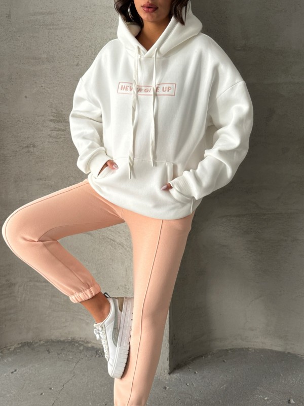 TKM-0034 Pudra Beyaz Never Give Up Yazı Baskılı Kapüşonlu Sweatshirt Jogger Üç İplik Şardonlu İkili Takım - 2