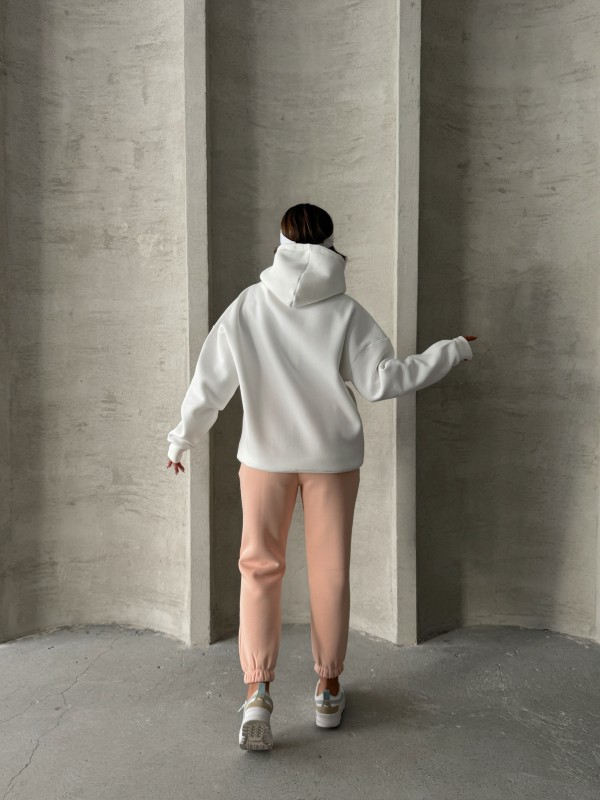 TKM-0034 Pudra Beyaz Never Give Up Yazı Baskılı Kapüşonlu Sweatshirt Jogger Üç İplik Şardonlu İkili Takım - 8