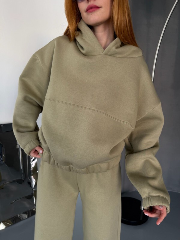 TKM-0037 Haki Dikiş Detaylı Kapüşonlu Sweatshirt & Eşofman Üç İplik Şardonlu İkili Takım - 2