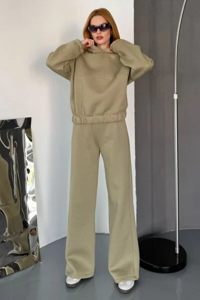 TKM-0037 Haki Dikiş Detaylı Kapüşonlu Sweatshirt & Eşofman Üç İplik Şardonlu İkili Takım - Cappmoda