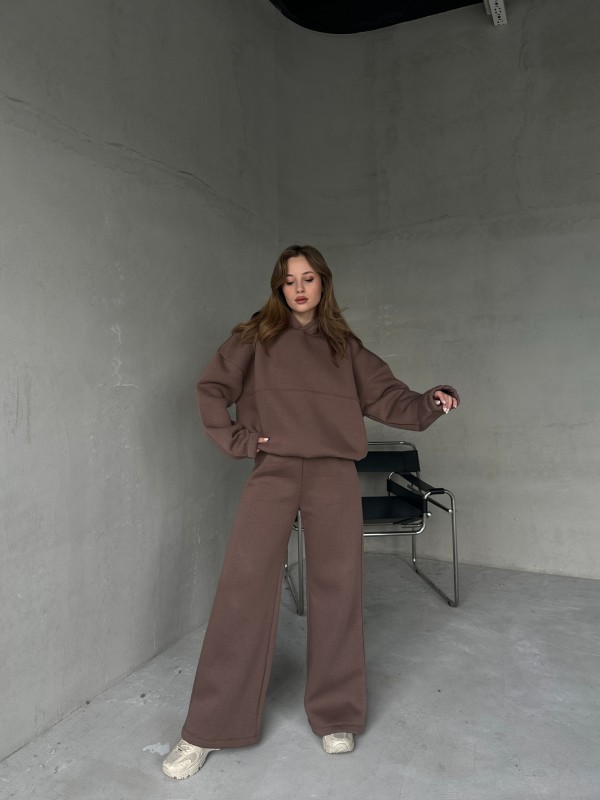 TKM-0037 Kahverengi Dikiş Detaylı Kapüşonlu Sweatshirt & Eşofman Üç İplik Şardonlu İkili Takım - 3
