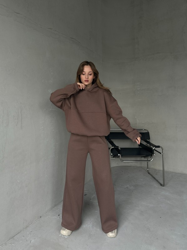 TKM-0037 Kahverengi Dikiş Detaylı Kapüşonlu Sweatshirt & Eşofman Üç İplik Şardonlu İkili Takım - 4