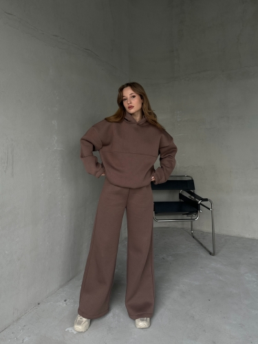TKM-0037 Kahverengi Dikiş Detaylı Kapüşonlu Sweatshirt & Eşofman Üç İplik Şardonlu İkili Takım - 5