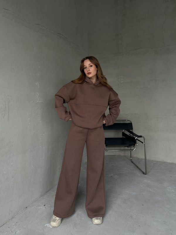 TKM-0037 Kahverengi Dikiş Detaylı Kapüşonlu Sweatshirt & Eşofman Üç İplik Şardonlu İkili Takım - 5