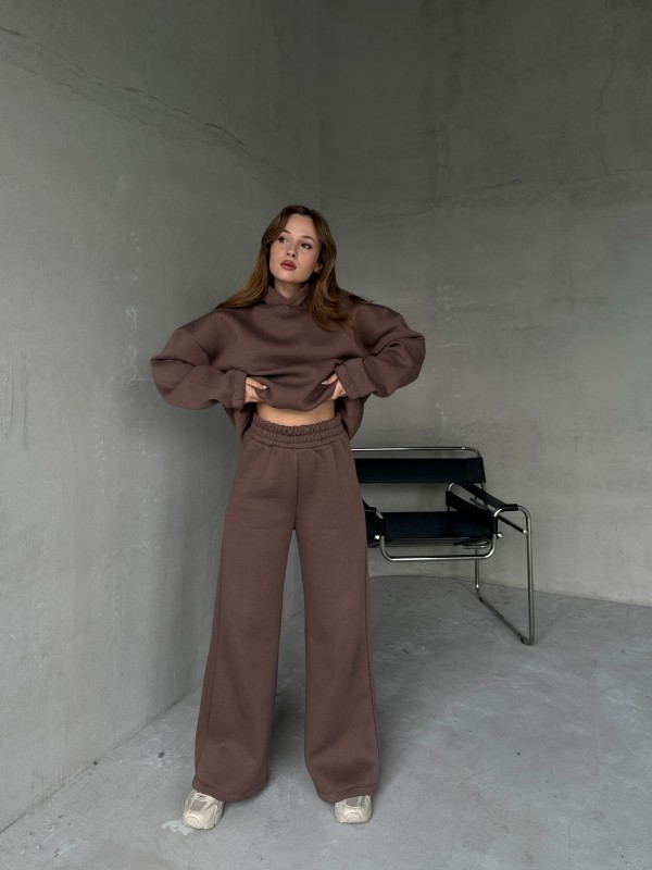 TKM-0037 Kahverengi Dikiş Detaylı Kapüşonlu Sweatshirt & Eşofman Üç İplik Şardonlu İkili Takım - 6