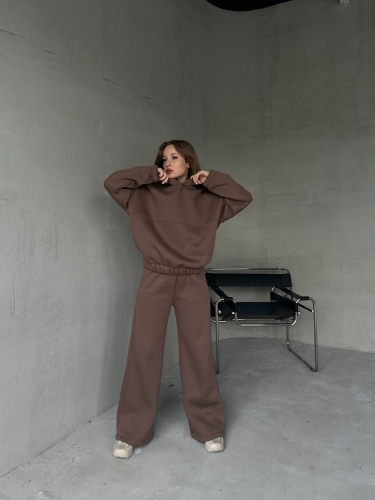 TKM-0037 Kahverengi Dikiş Detaylı Kapüşonlu Sweatshirt & Eşofman Üç İplik Şardonlu İkili Takım - 7