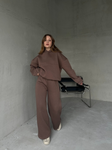 TKM-0037 Kahverengi Dikiş Detaylı Kapüşonlu Sweatshirt & Eşofman Üç İplik Şardonlu İkili Takım - 8