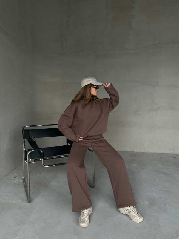 TKM-0037 Kahverengi Dikiş Detaylı Kapüşonlu Sweatshirt & Eşofman Üç İplik Şardonlu İkili Takım - 9