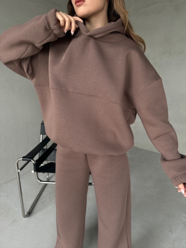 TKM-0037 Kahverengi Dikiş Detaylı Kapüşonlu Sweatshirt & Eşofman Üç İplik Şardonlu İkili Takım - 2