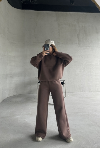 TKM-0037 Kahverengi Dikiş Detaylı Kapüşonlu Sweatshirt & Eşofman Üç İplik Şardonlu İkili Takım - 10
