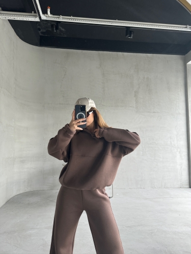TKM-0037 Kahverengi Dikiş Detaylı Kapüşonlu Sweatshirt & Eşofman Üç İplik Şardonlu İkili Takım - 11