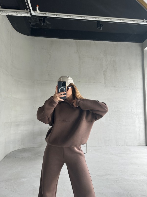 TKM-0037 Kahverengi Dikiş Detaylı Kapüşonlu Sweatshirt & Eşofman Üç İplik Şardonlu İkili Takım - 11