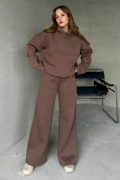 TKM-0037 Kahverengi Dikiş Detaylı Kapüşonlu Sweatshirt & Eşofman Üç İplik Şardonlu İkili Takım 