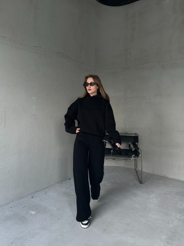 TKM-0037 Siyah Dikiş Detaylı Kapüşonlu Sweatshirt & Eşofman Üç İplik Şardonlu İkili Takım - 3