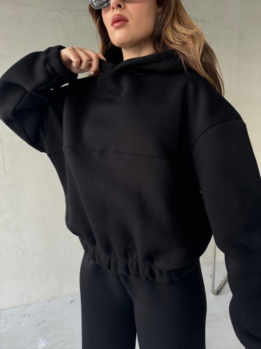 TKM-0037 Siyah Dikiş Detaylı Kapüşonlu Sweatshirt & Eşofman Üç İplik Şardonlu İkili Takım - 5