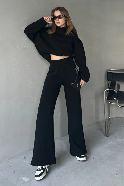 TKM-0037 Siyah Dikiş Detaylı Kapüşonlu Sweatshirt & Eşofman Üç İplik Şardonlu İkili Takım 