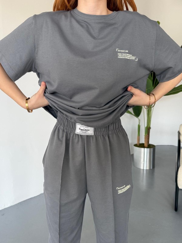 TKM-0041 Füme Eco Basıc LIne Yazılı Enjeksiyon Baskı Bisiklet Yaka Tişört Bel Lastikli Çimalı Jogger Eşofman İkili Takım - 2