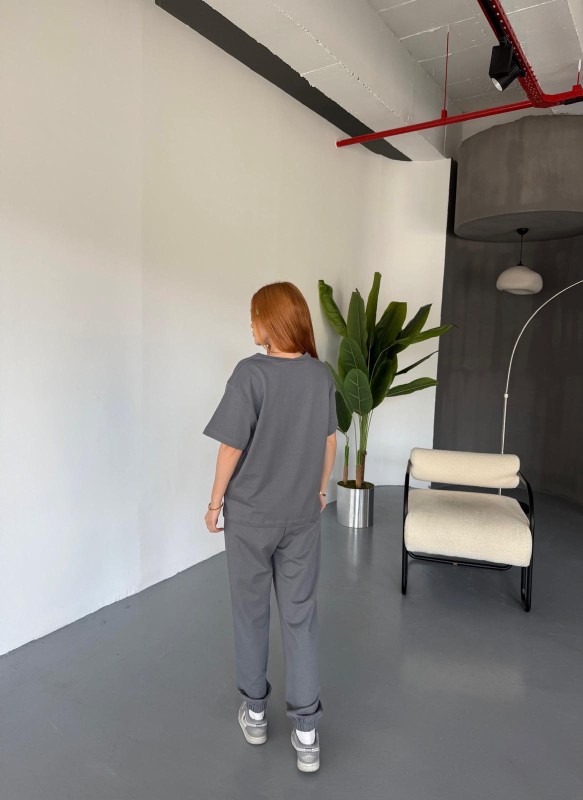TKM-0041 Füme Eco Basıc LIne Yazılı Enjeksiyon Baskı Bisiklet Yaka Tişört Bel Lastikli Çimalı Jogger Eşofman İkili Takım - 4