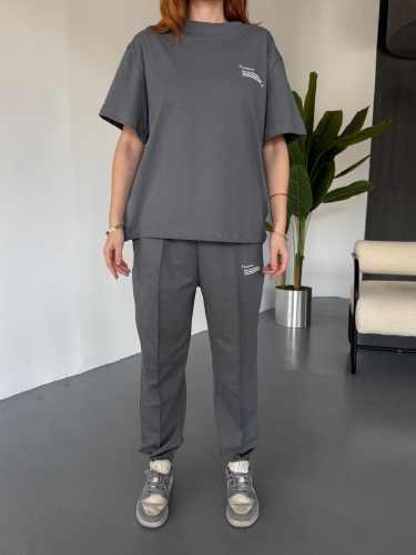 TKM-0041 Füme Eco Basıc LIne Yazılı Enjeksiyon Baskı Bisiklet Yaka Tişört Bel Lastikli Çimalı Jogger Eşofman İkili Takım - 3