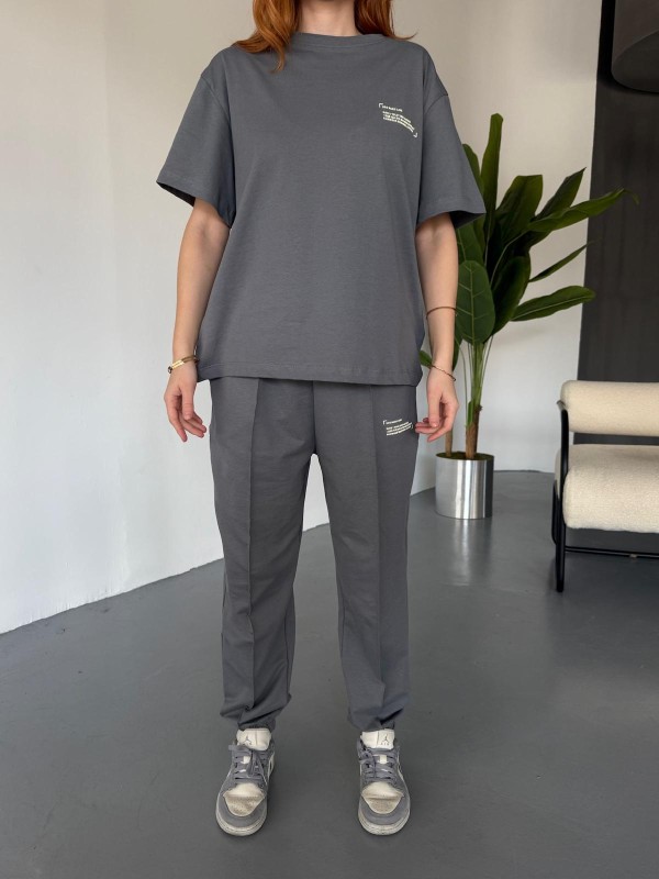 TKM-0041 Füme Eco Basıc LIne Yazılı Enjeksiyon Baskı Bisiklet Yaka Tişört Bel Lastikli Çimalı Jogger Eşofman İkili Takım - 3
