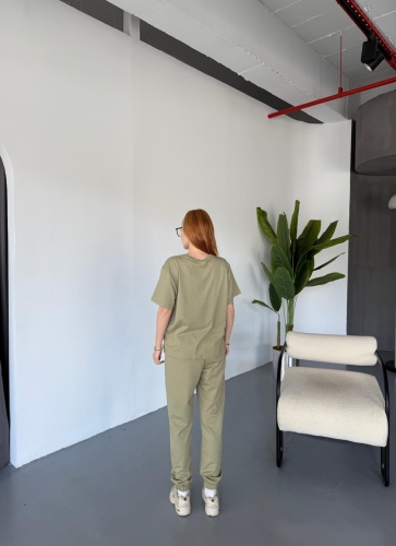 TKM-0041 Haki Eco Basıc LIne Yazılı Enjeksiyon Baskı Bisiklet Yaka Tişört Bel Lastikli Çimalı Jogger Eşofman İkili Takım - 4