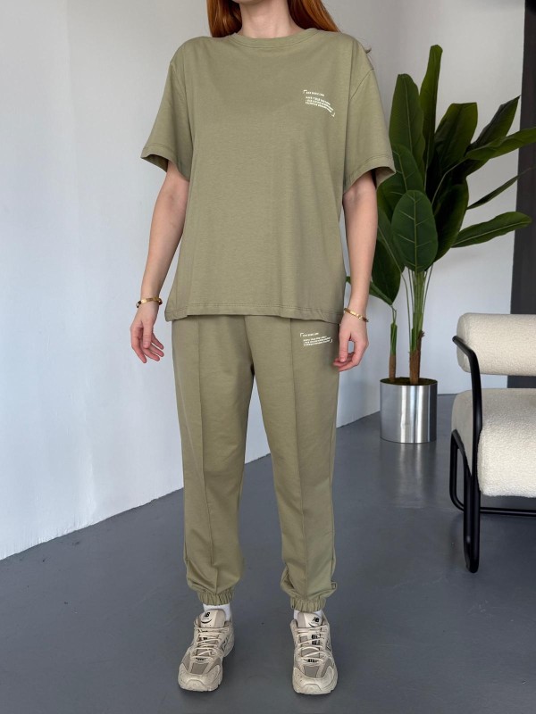TKM-0041 Haki Eco Basıc LIne Yazılı Enjeksiyon Baskı Bisiklet Yaka Tişört Bel Lastikli Çimalı Jogger Eşofman İkili Takım - 3