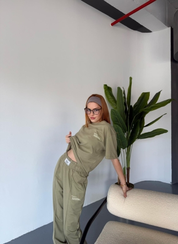 TKM-0041 Haki Eco Basıc LIne Yazılı Enjeksiyon Baskı Bisiklet Yaka Tişört Bel Lastikli Çimalı Jogger Eşofman İkili Takım - 2