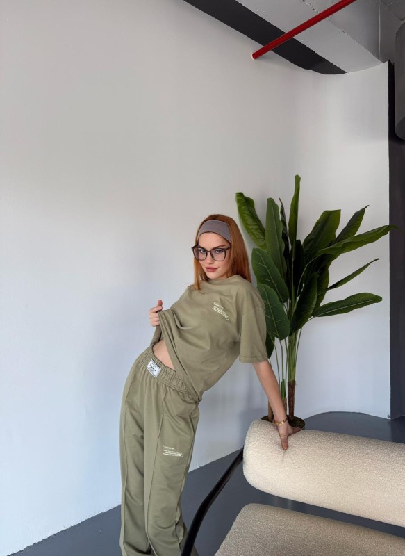 TKM-0041 Haki Eco Basıc LIne Yazılı Enjeksiyon Baskı Bisiklet Yaka Tişört Bel Lastikli Çimalı Jogger Eşofman İkili Takım - 2
