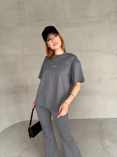 TKM-0050 Füme Generatıon Yazı Enjeksiyon Baskılı Bisiklet Yaka Tişört Bel Lastikli İspanyol Paça Pantolon İkili Takım - 4