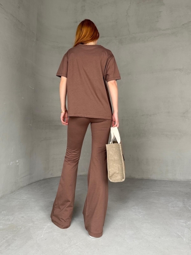 TKM-0050 Kahverengi Generatıon Yazı Enjeksiyon Baskılı Bisiklet Yaka Tişört Bel Lastikli İspanyol Paça Pantolon İkili Takım - 12