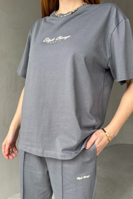 TKM-0051 Füme Style Change Yazılı Tişört Paça Lastikli Pantolon İkili Takım - 4