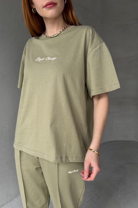 TKM-0051 Haki Style Change Yazılı Tişört Paça Lastikli Pantolon İkili Takım - 2