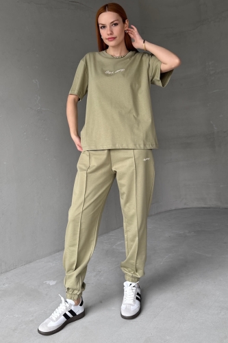 TKM-0051 Haki Style Change Yazılı Tişört Paça Lastikli Pantolon İkili Takım - 4