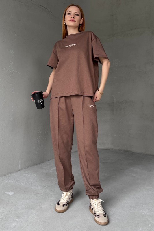 TKM-0051 Kahverengi Style Change Yazılı Tişört Paça Lastikli Pantolon İkili Takım - 2