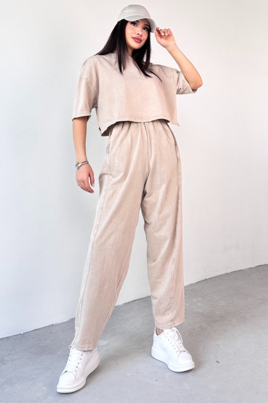 TKM-0057 Bej Crop Tişört Şalvar Pantolon İkili Takım - 3