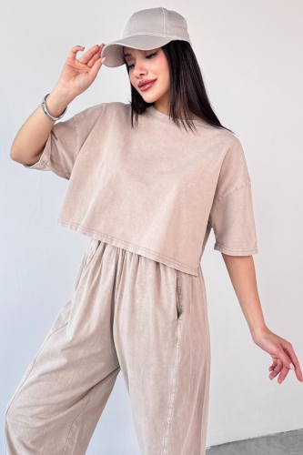 TKM-0057 Bej Crop Tişört Şalvar Pantolon İkili Takım - 2
