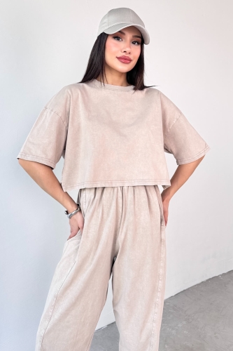 TKM-0057 Bej Crop Tişört Şalvar Pantolon İkili Takım - 4
