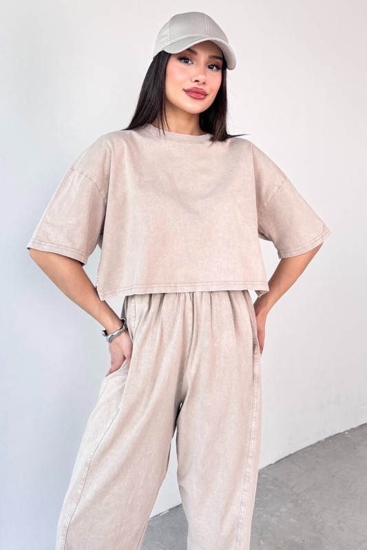 TKM-0057 Bej Crop Tişört Şalvar Pantolon İkili Takım - 4