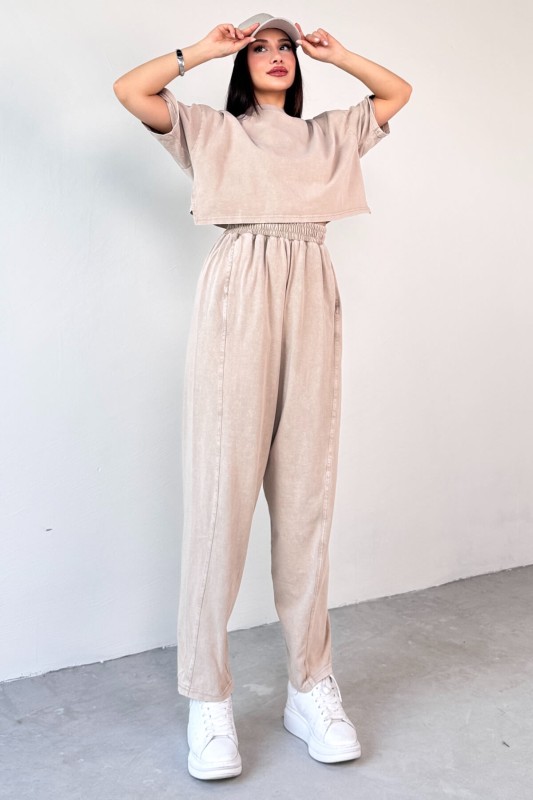 TKM-0057 Bej Crop Tişört Şalvar Pantolon İkili Takım - 5