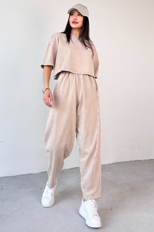 TKM-0057 Bej Crop Tişört Şalvar Pantolon İkili Takım - 1