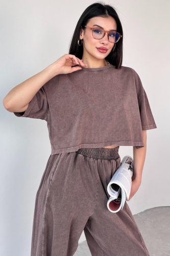 TKM-0057 Kahverengi Crop Tişört Şalvar Pantolon İkili Takım - 2